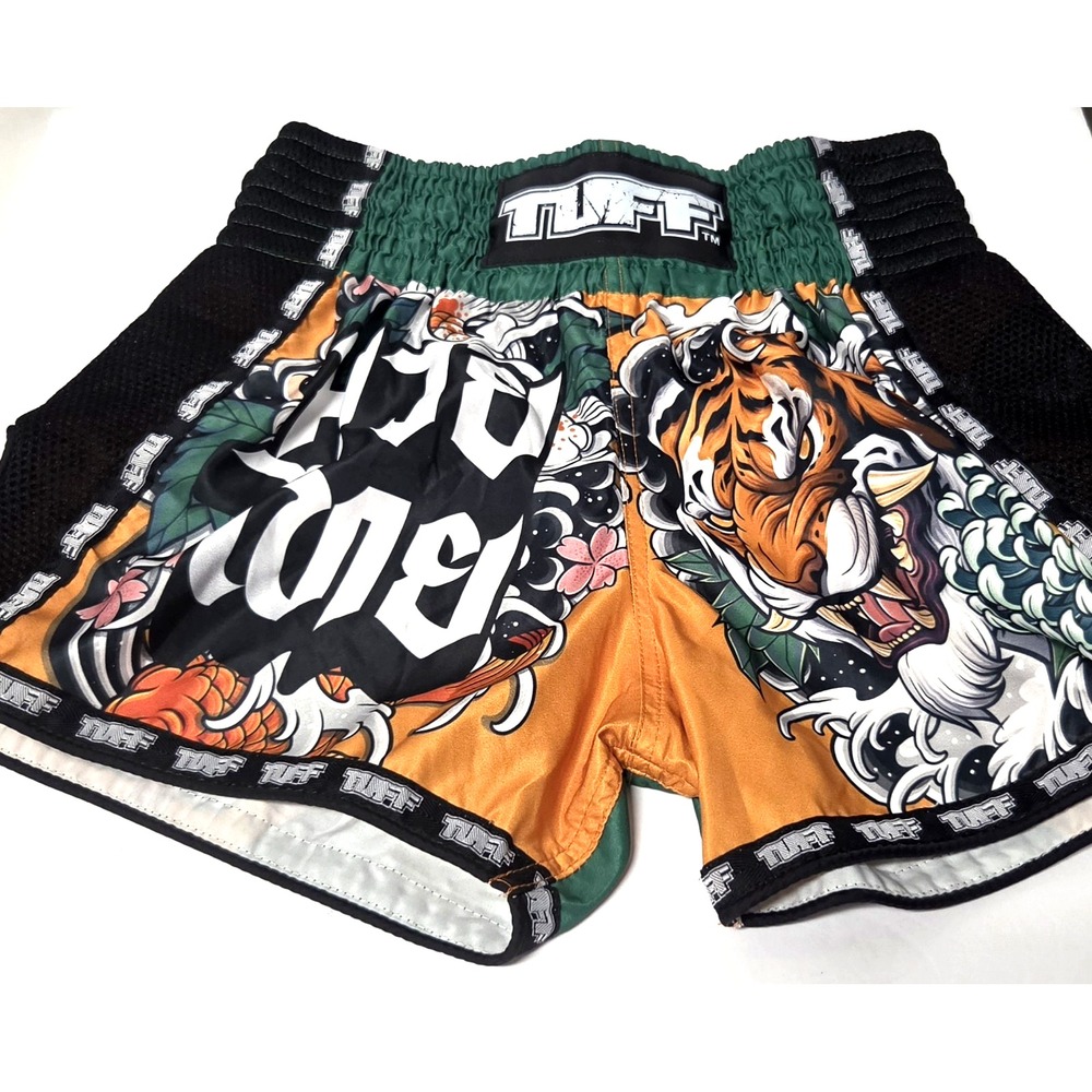 Tuff Sport Muay Thai Boxing Shorts M Polyester & Mesh Pad Sides Green Blk Orange